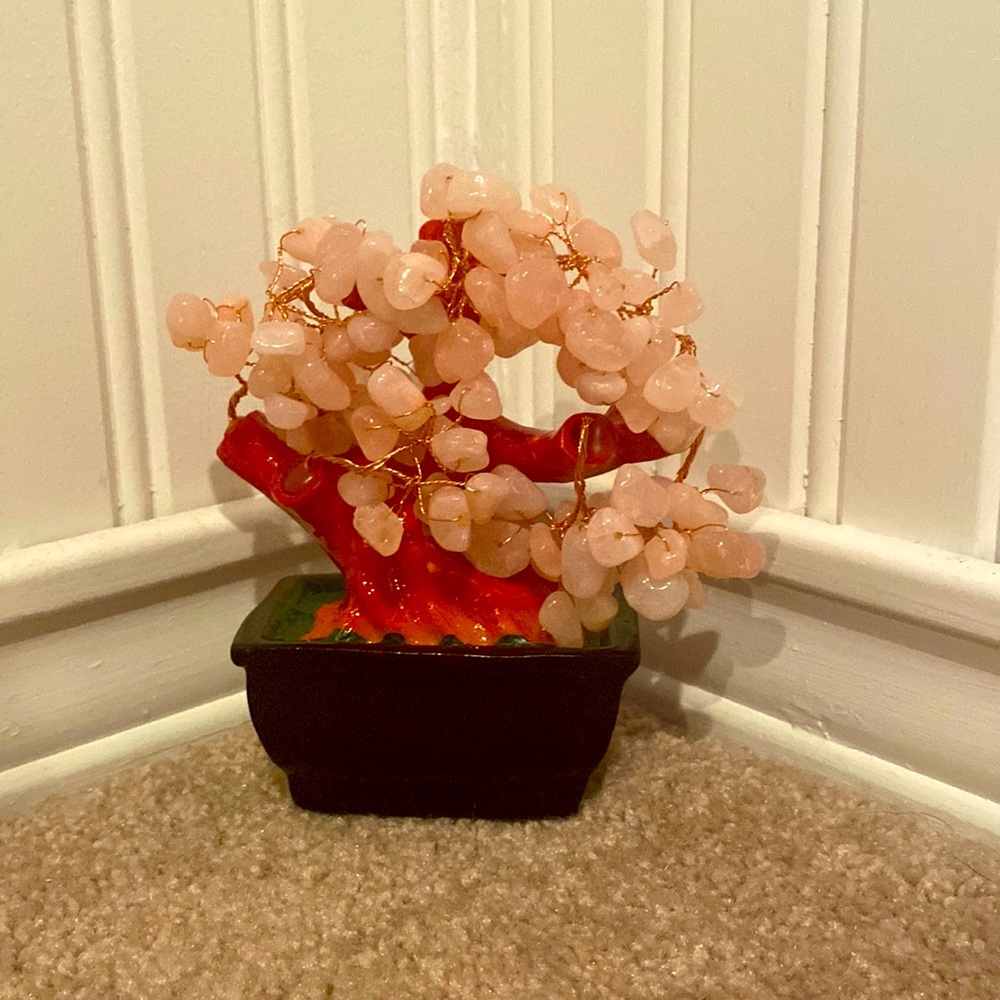 Mini Red Tree w/ Pink Pebble Leaves in a Black Plant Pot